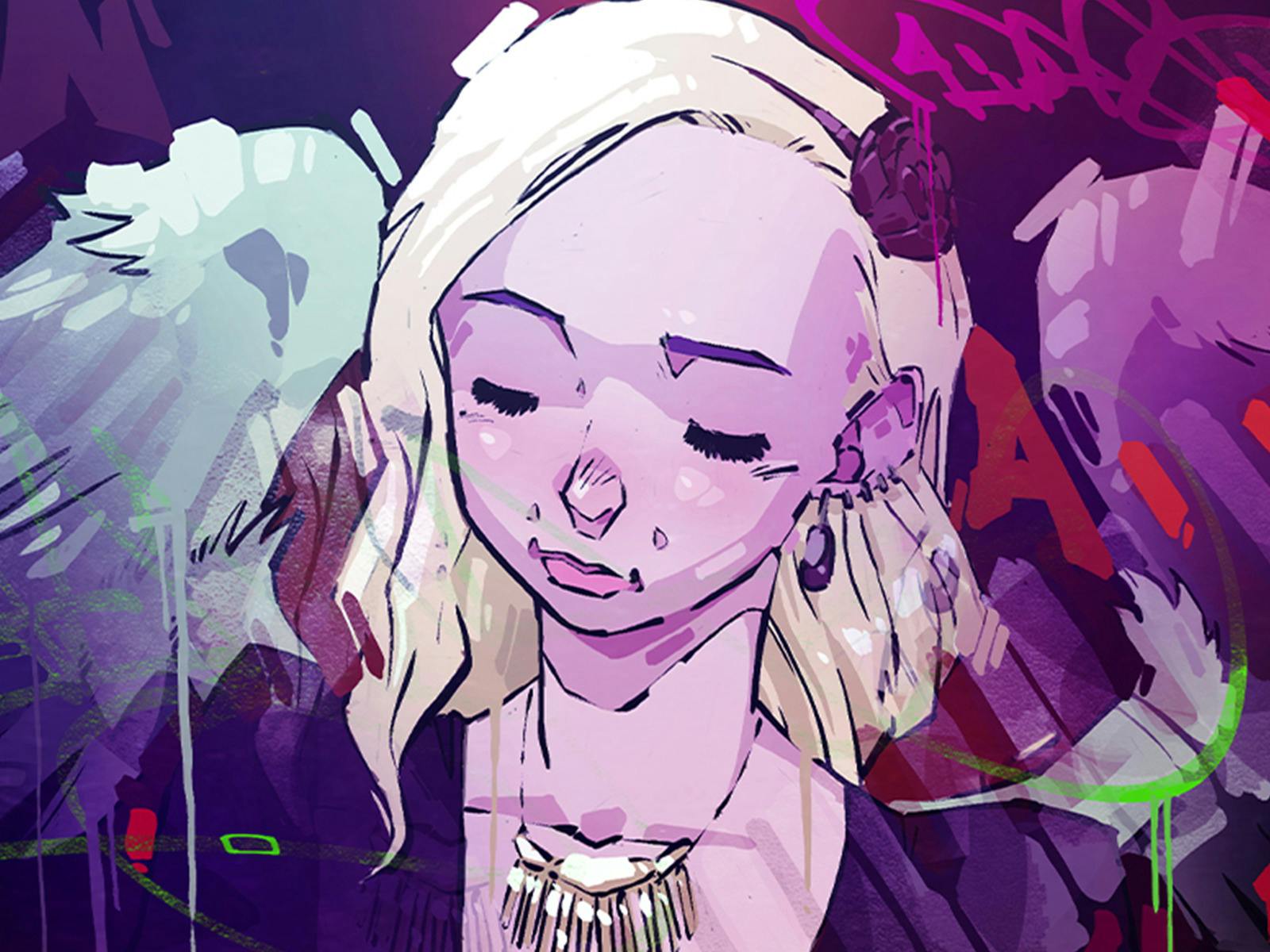 illustration of a blonde girl with eyes closed, she has a sparkly necklace and white wings